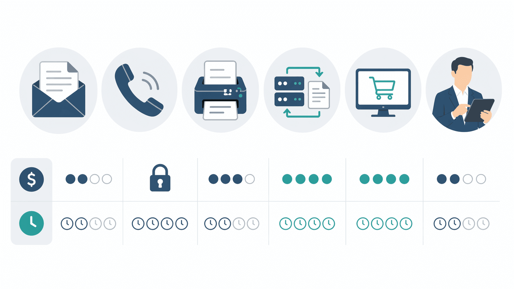 Order channel icons for email, phone, fax, EDI, web portal, and sales rep with cost and automation indicators