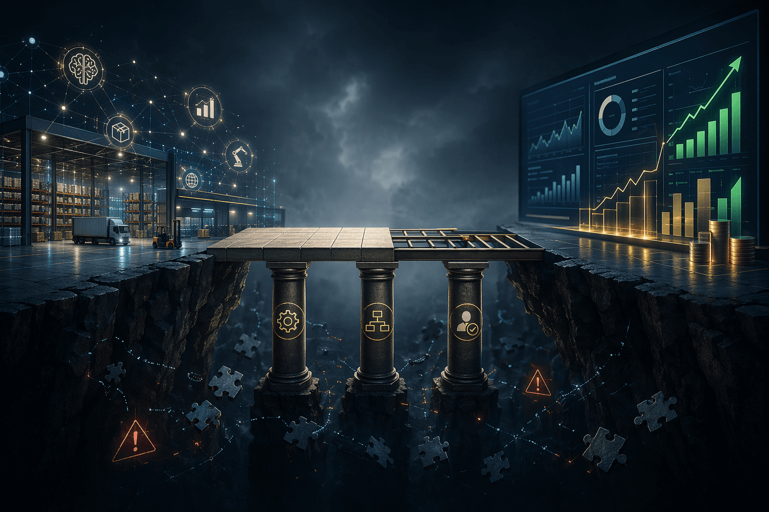 A chasm between warehouse AI pilots and financial P&L results, bridged by process, workflow, and metrics pillars