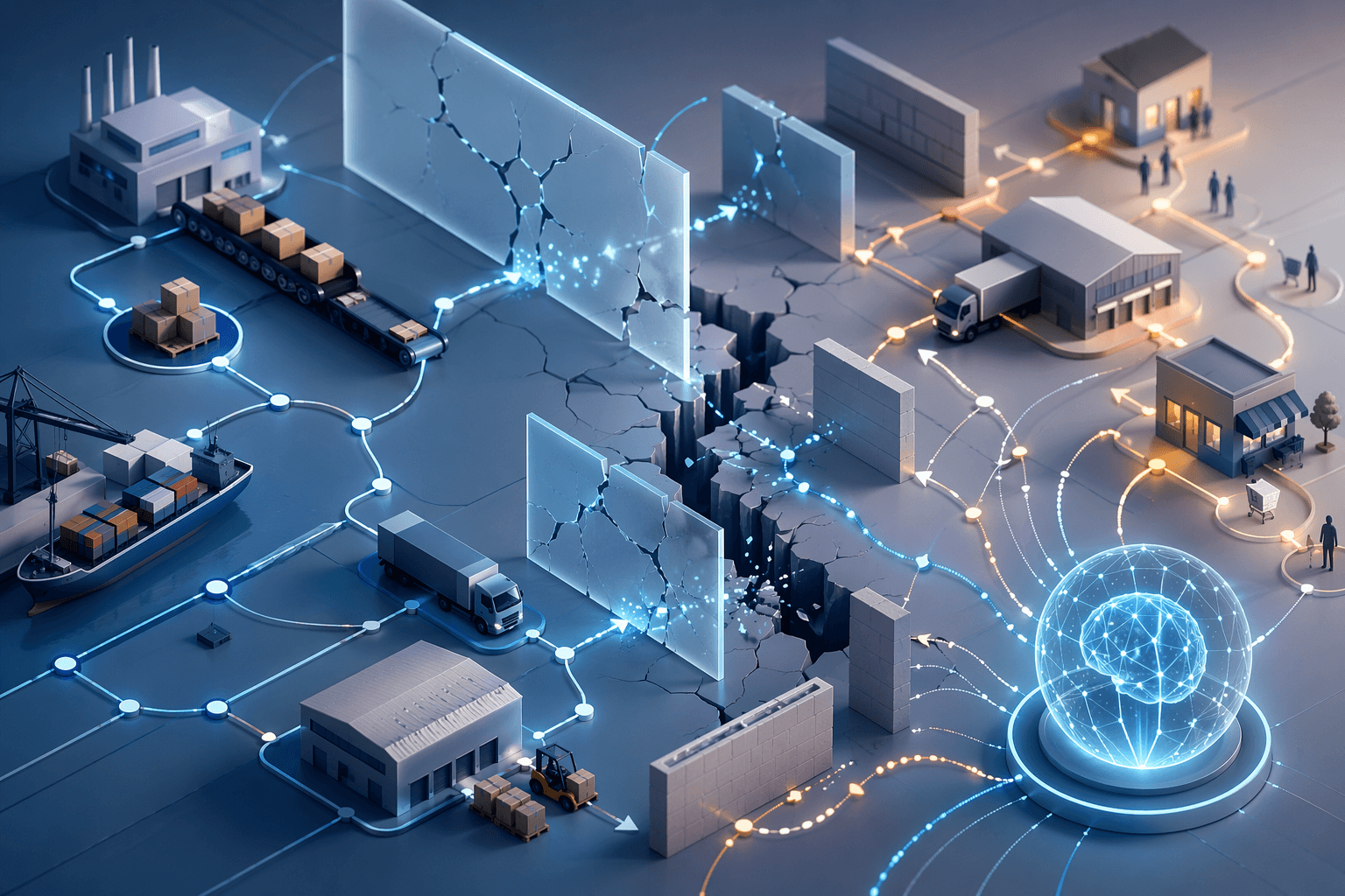 Stylized supply chain network with barrier walls blocking AI data signals