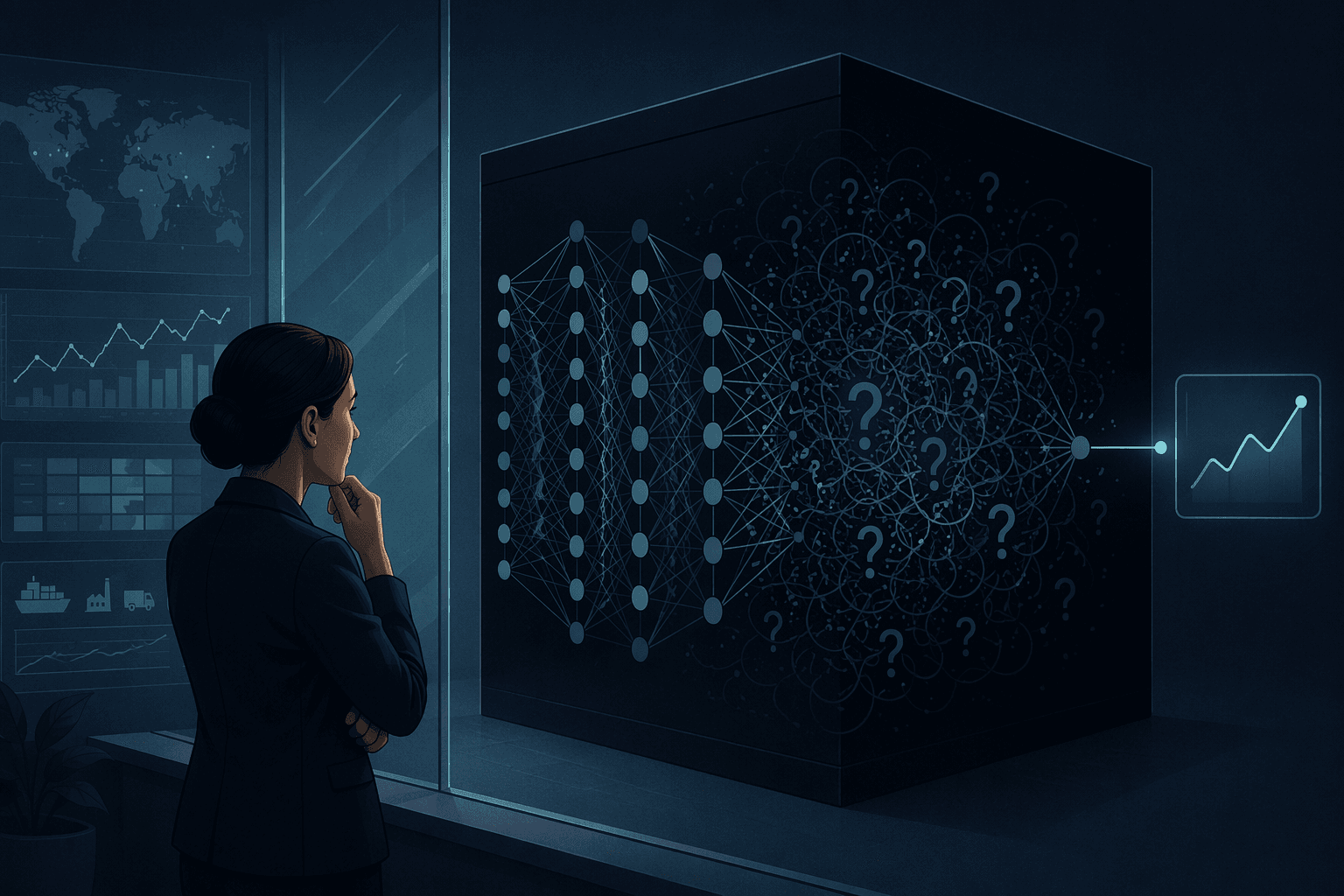 An illustration showing a human planner figure on the left looking at a dark geometric neural network shape with interconnected nodes and question marks inside, while a simple prediction output emerges on the right side, with a glass-like barrier separating the person from the model's internal reasoning, against a deep navy background.