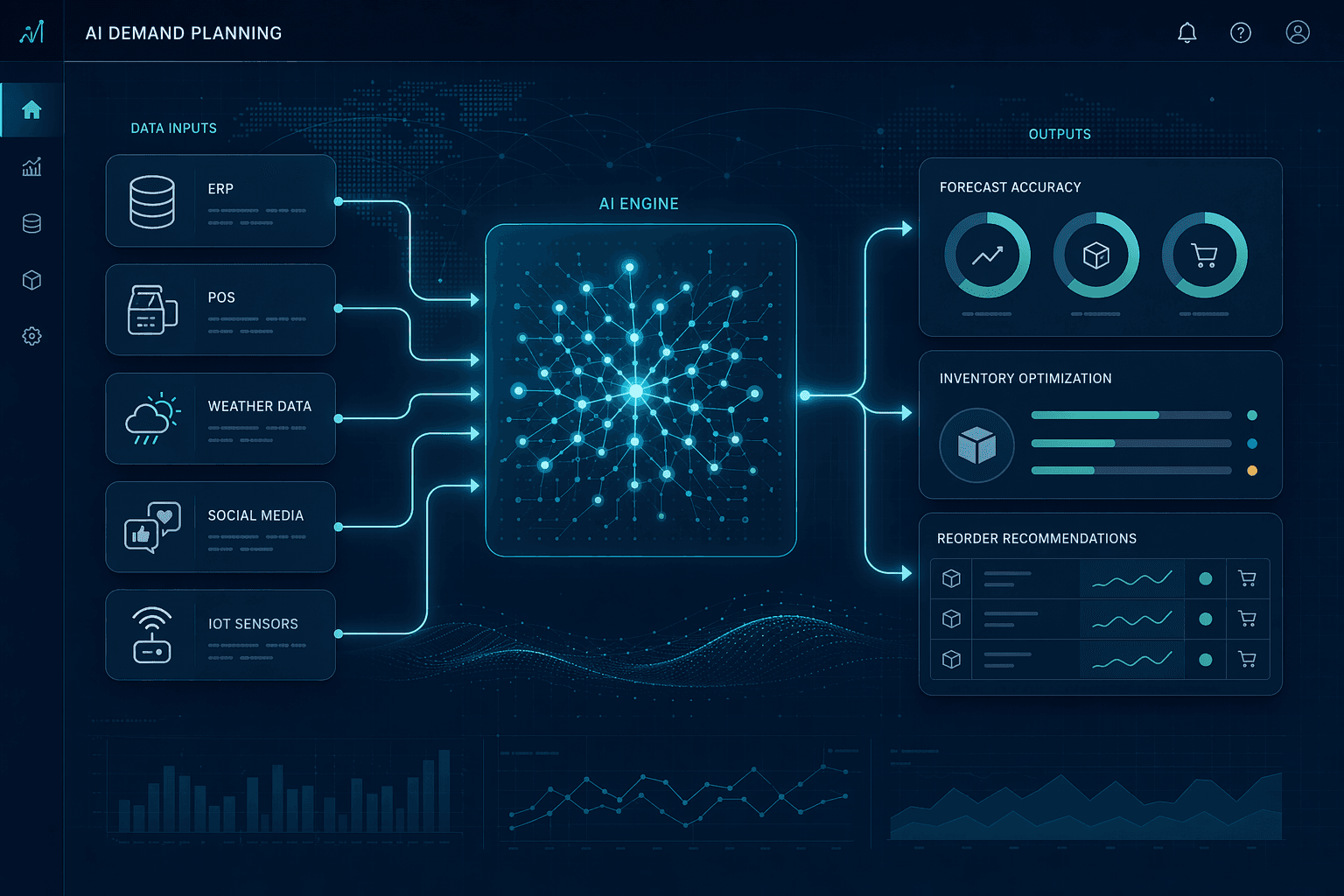 A modern editorial dashboard-style illustration showing a left-to-right input-to-output flow: data source icons (ERP, POS, weather, social media, IoT) on the left feed into a central glowing neural network engine in cool blue and teal, which outputs forecast accuracy metrics, inventory optimization recommendations, and reorder indicators on the right. Faint supply chain map lines and graph grid patterns appear in the background. Color palette: navy, teal, cyan.