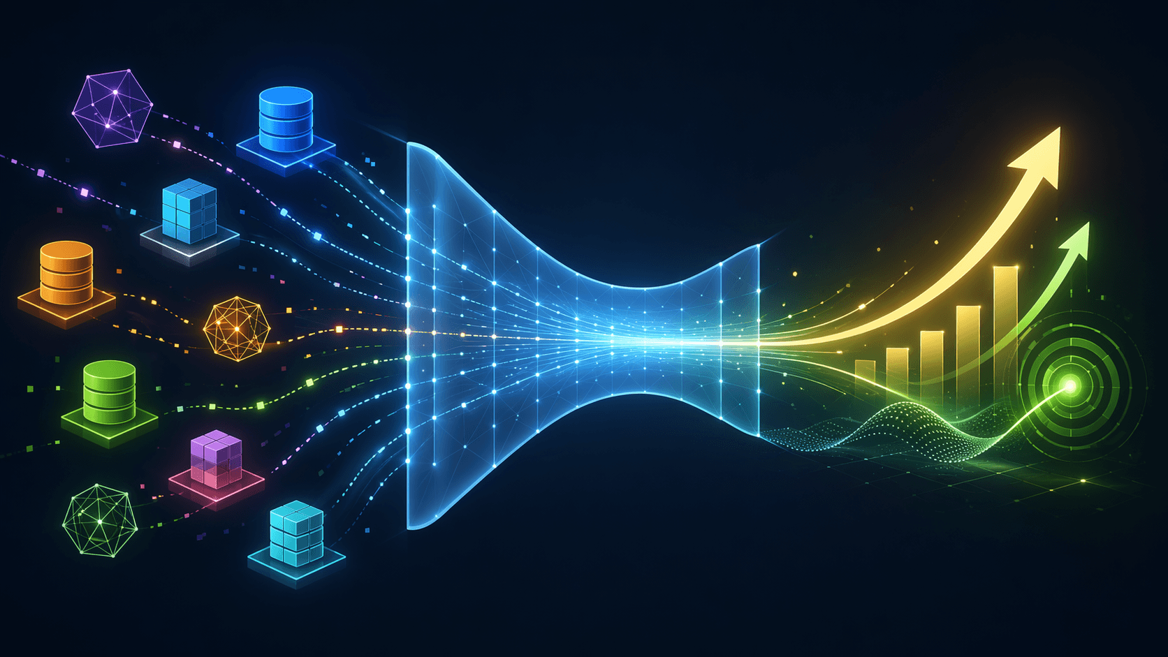 Fragmented enterprise data nodes flowing through an analytical bridge toward forecast accuracy and ROI signals