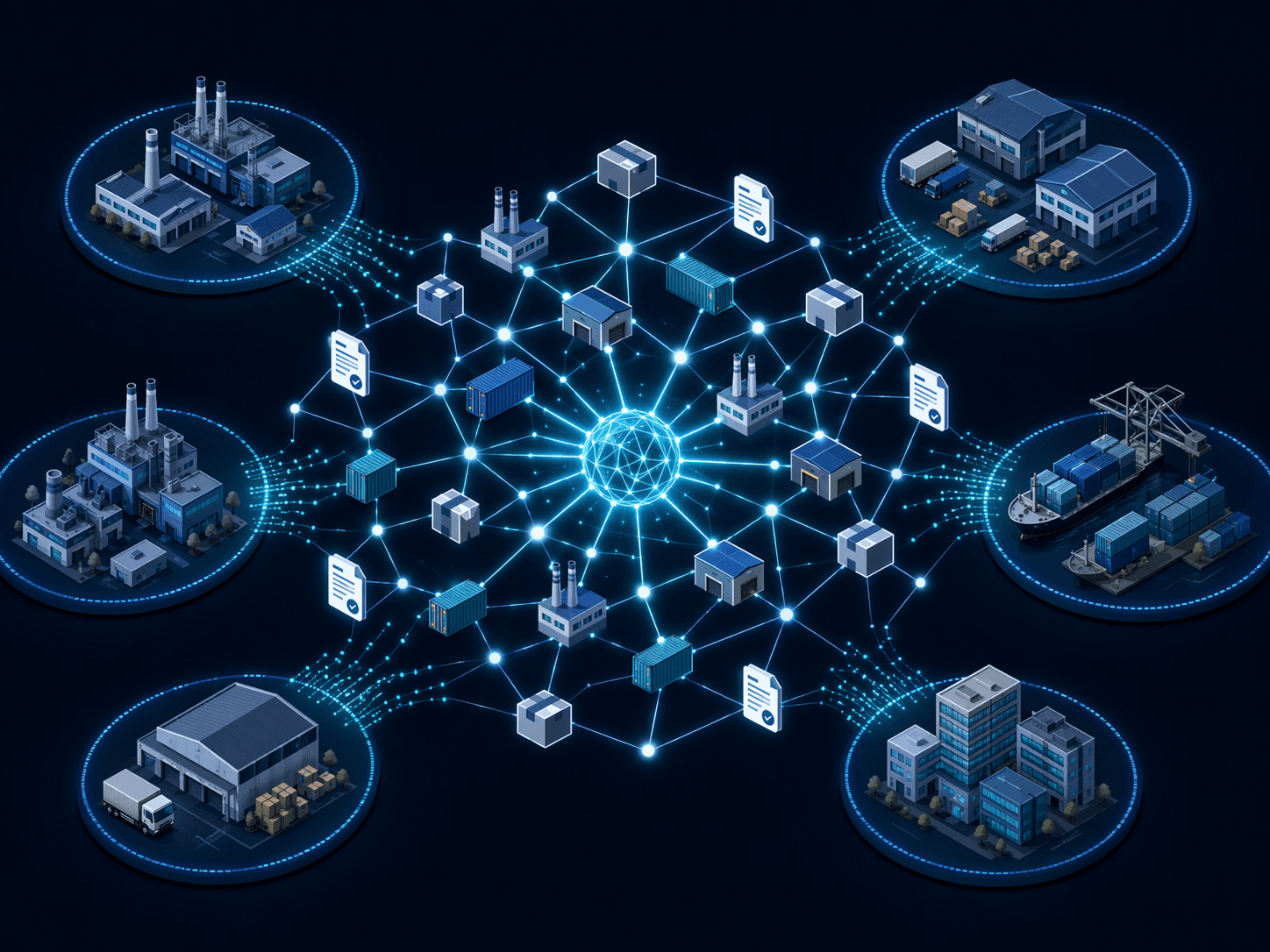 Network diagram connecting factory, warehouse, container, package, and document icons into a single knowledge graph.