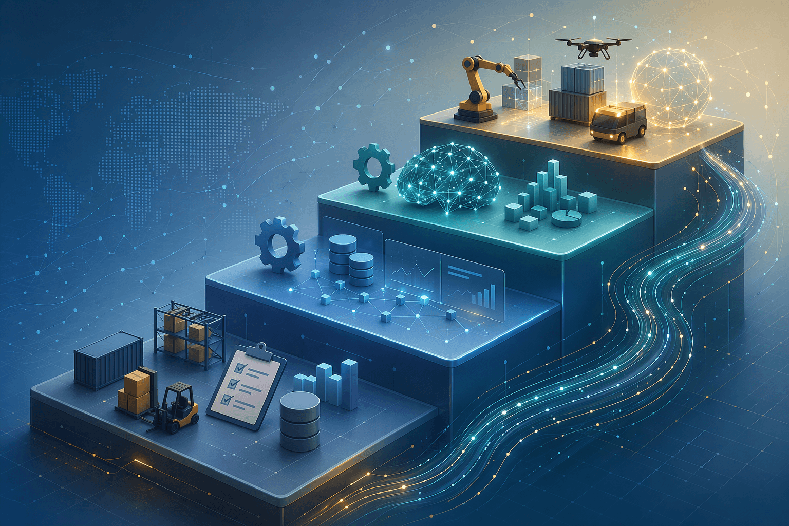 Ascending AI capability stages from foundational machine learning to autonomous supply chain operations