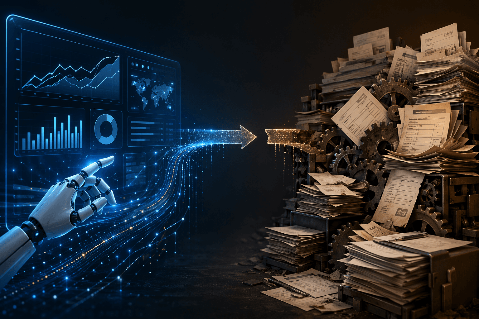 AI analytics dashboard separated from freight invoices, disputes, deduction notices, and cash-flow documents by a gap