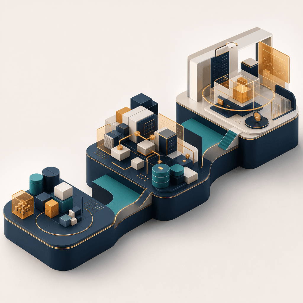 Abstract editorial timeline illustration showing three ascending geometric phases for AI agent deployment: a foundation phase with stacked navy cubes, a scaling phase with teal platform elements, and a mature production phase with elevated amber-accented cylindrical forms.