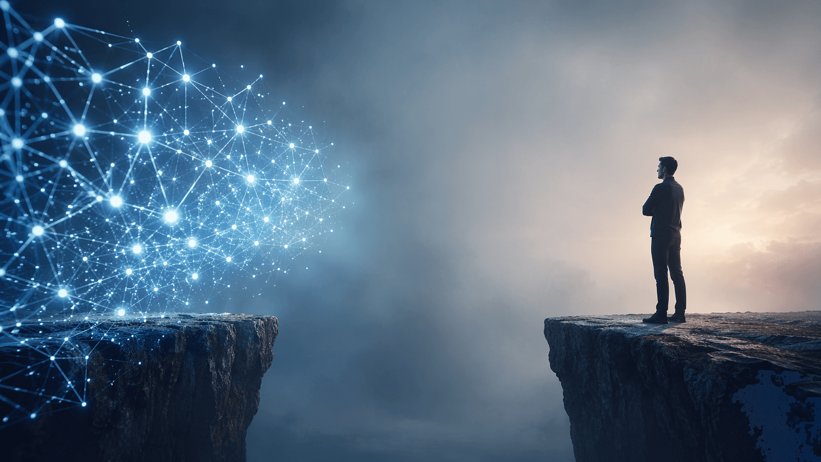 AI data network and human figure separated by a visible trust gap