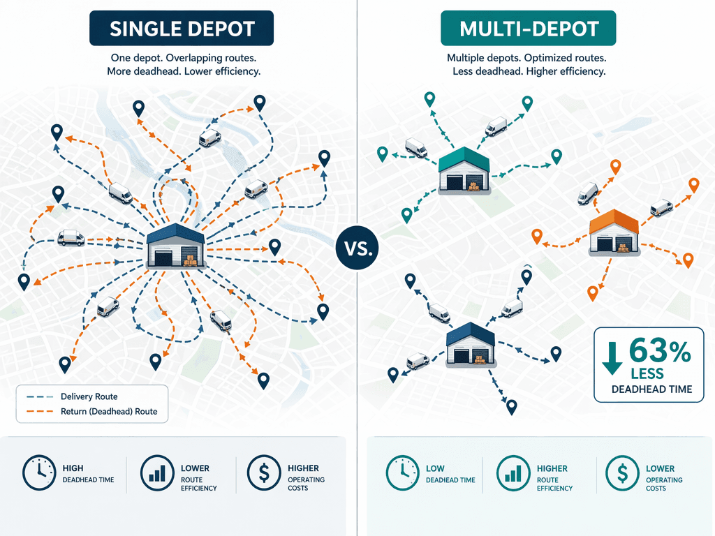 Split-screen comparison: left side labeled 'Single Depot' shows one warehouse with overlapping, crossed routes; right side labeled 'Multi-Depot' shows three warehouses with short, non-overlapping routes.