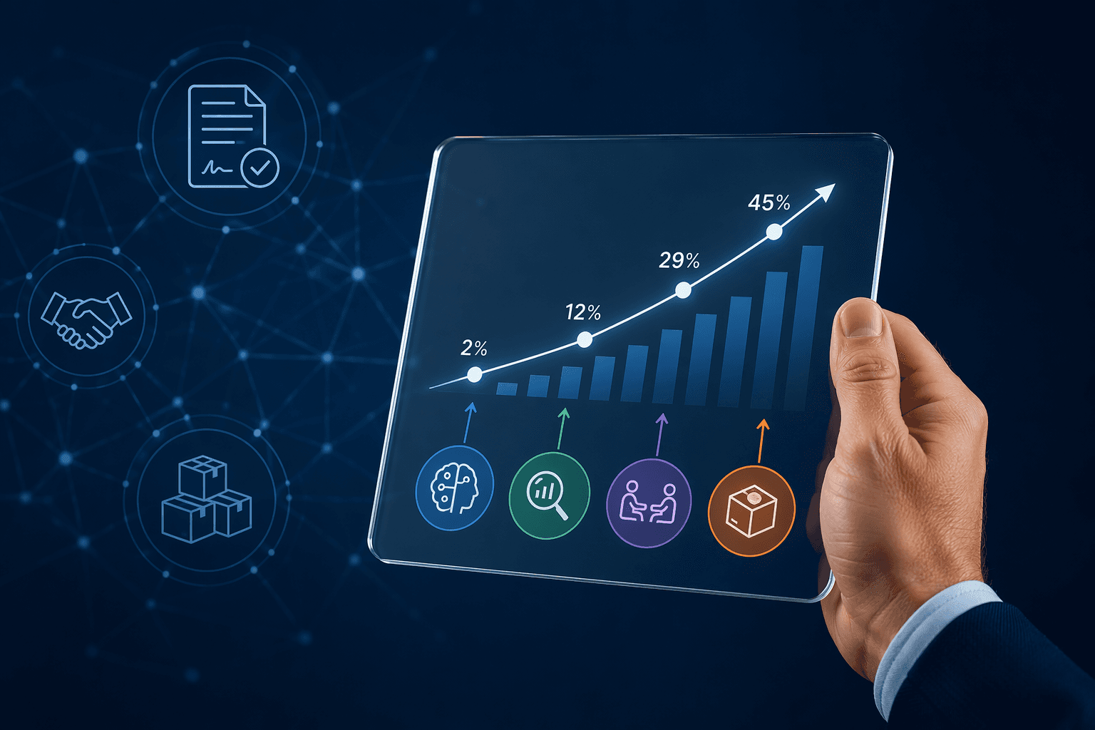 A digital tablet showing upward-trending procurement savings percentages across different category icons