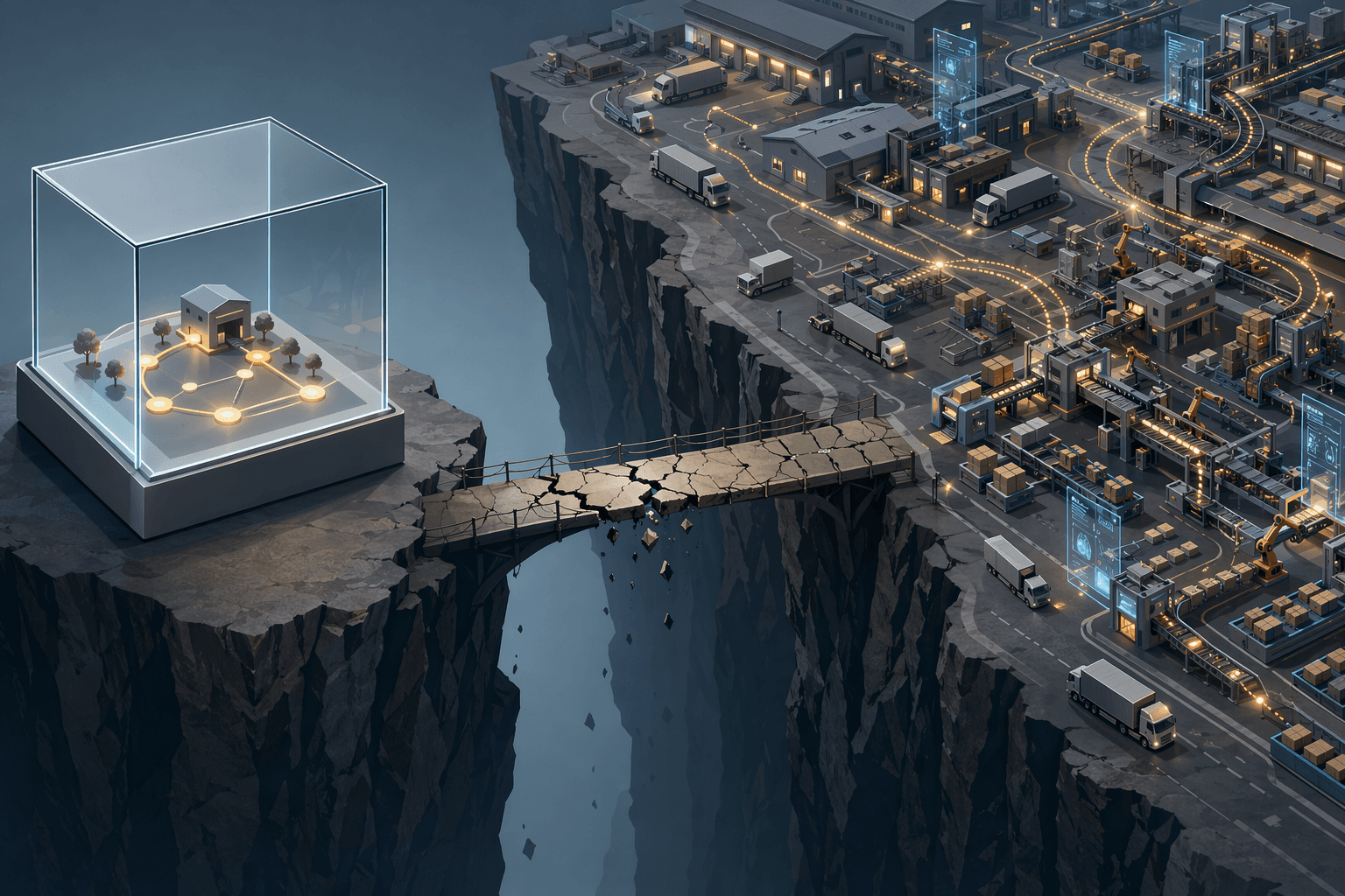 A successful AI pilot separated from a scaled industrial supply chain network by a cracked bridge