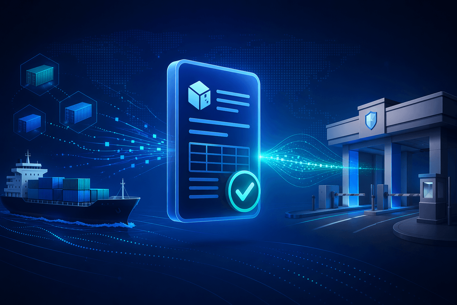 Verified digital product record moving from cargo shipment data to a border checkpoint before arrival