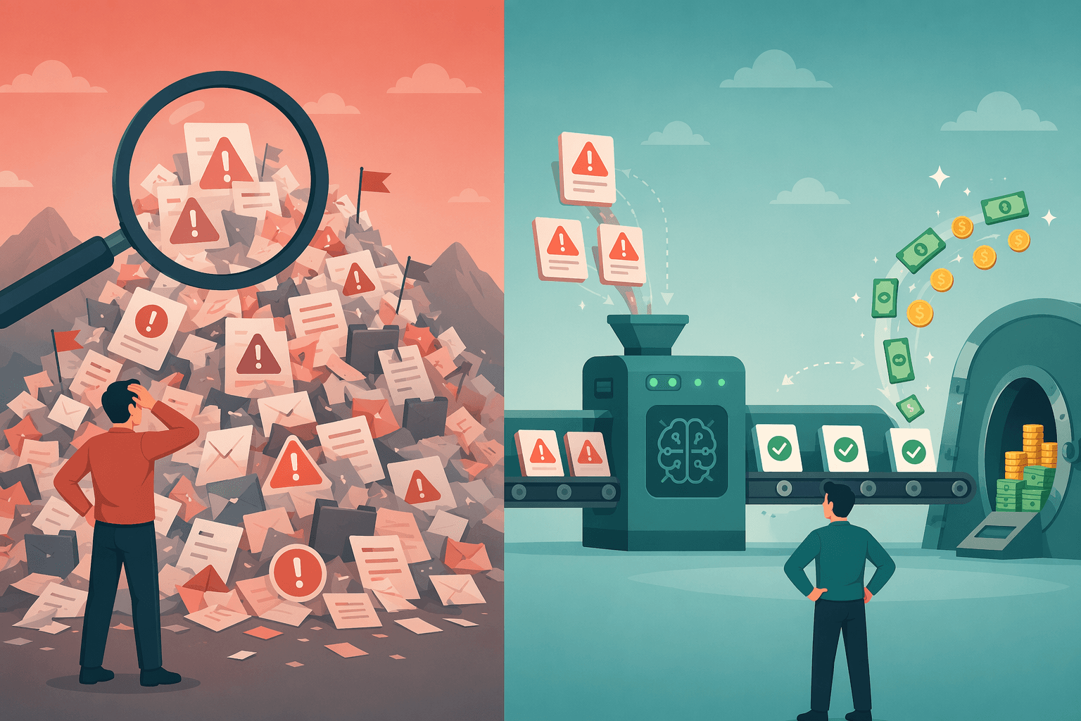 AI identifying exception alerts compared with AI resolving issues into closed actions and recovered cash