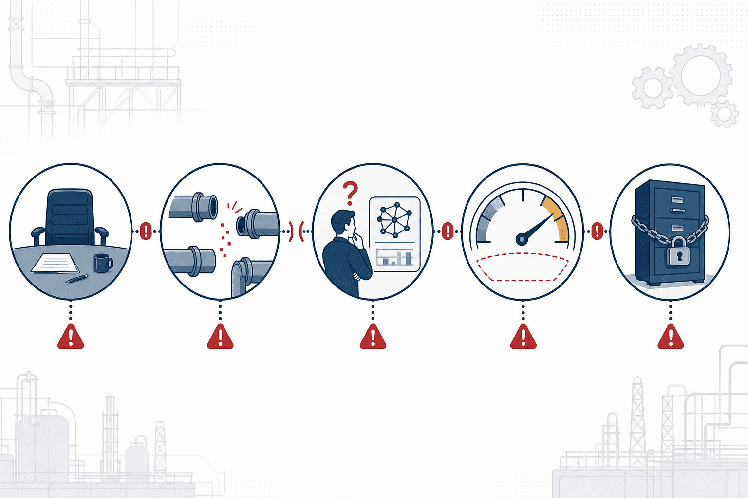 Diagnostic flow diagram showing five organizational failure zones: empty decision chair, fragmented data pipes, unresolvable AI output, undefined target gauge, and locked tacit knowledge cabinet.