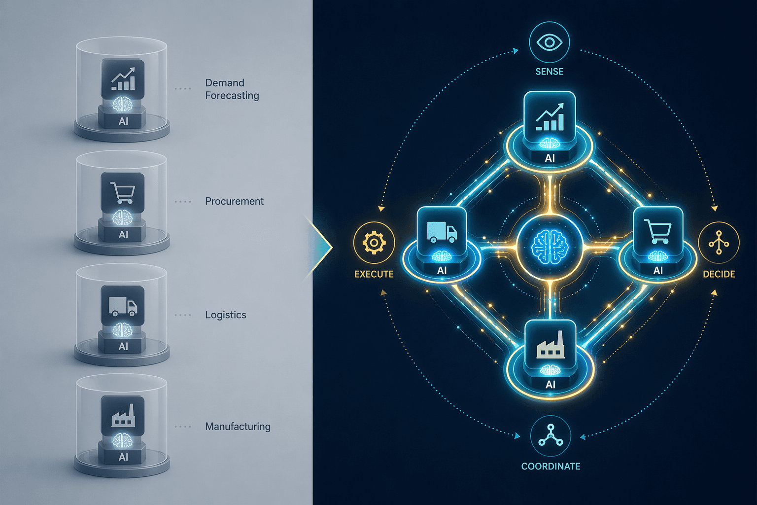 Comparison of isolated single-function AI nodes and an integrated multi-agent orchestration network