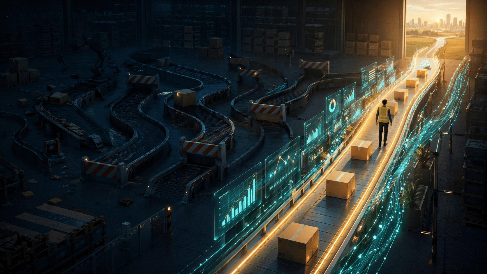 Warehouse conveyor paths with one illuminated route toward a clear destination