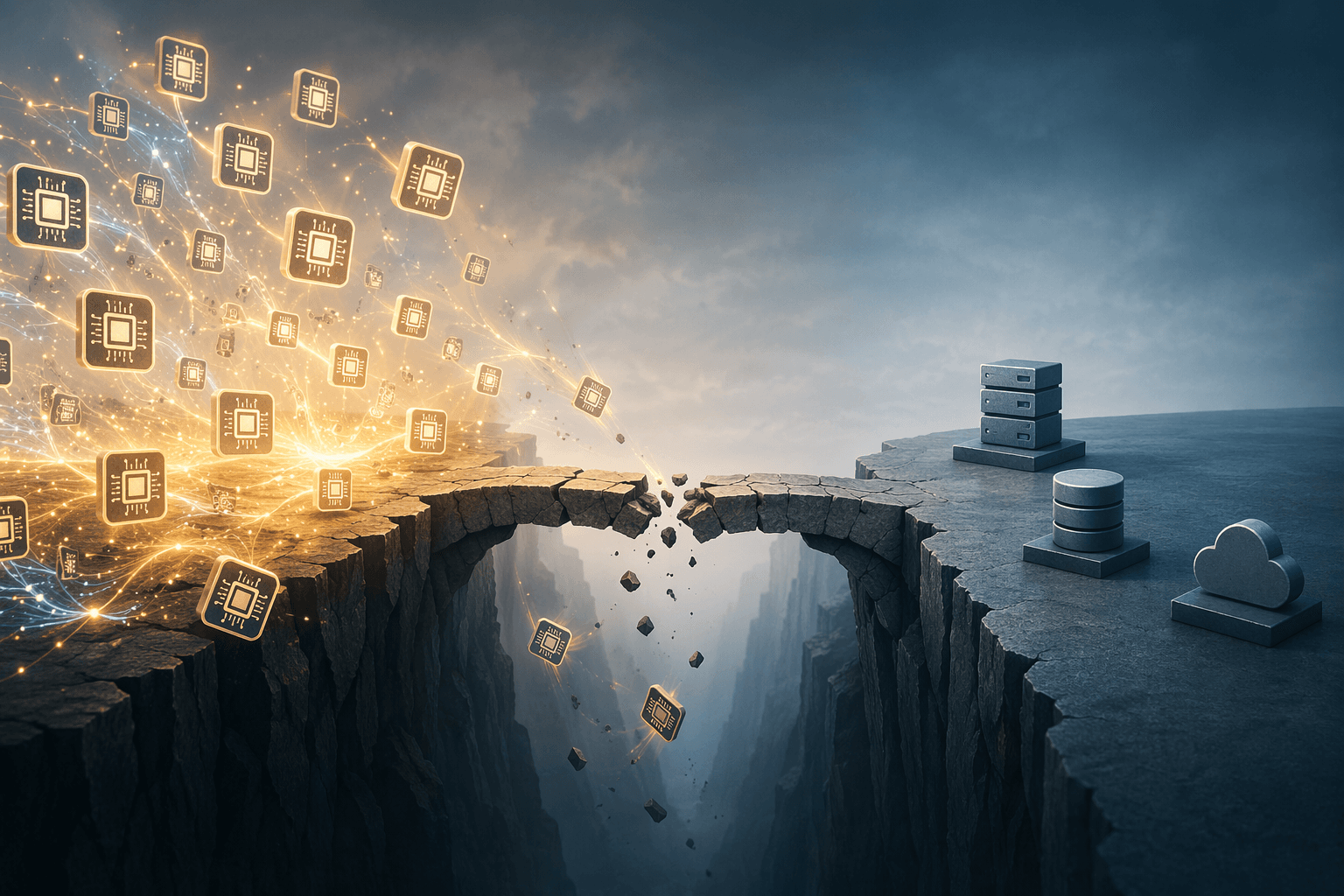 Abstract illustration of many AI pilots failing to cross a cracked bridge into sparse production deployment