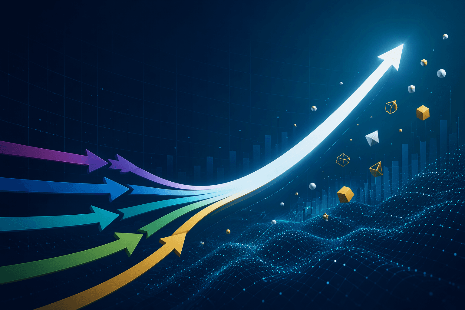 Diverging arrows converging into a single upward growth trajectory.