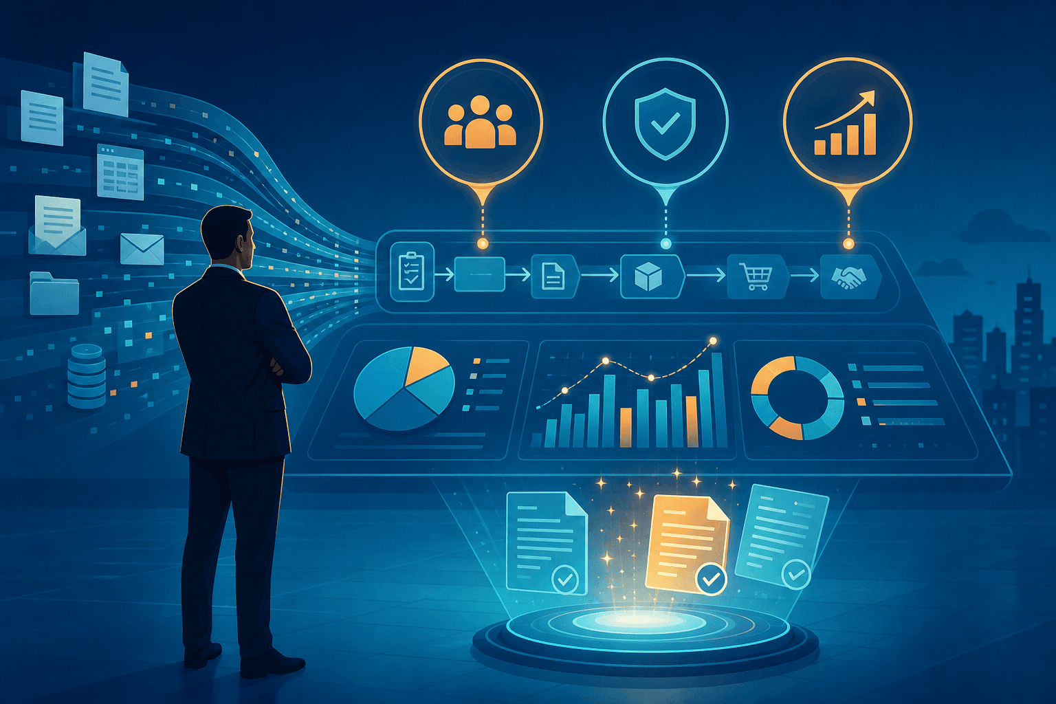 A procurement executive stands at a digital dashboard with data flowing into analytical visualizations, AI sparkle effects, and document icons.