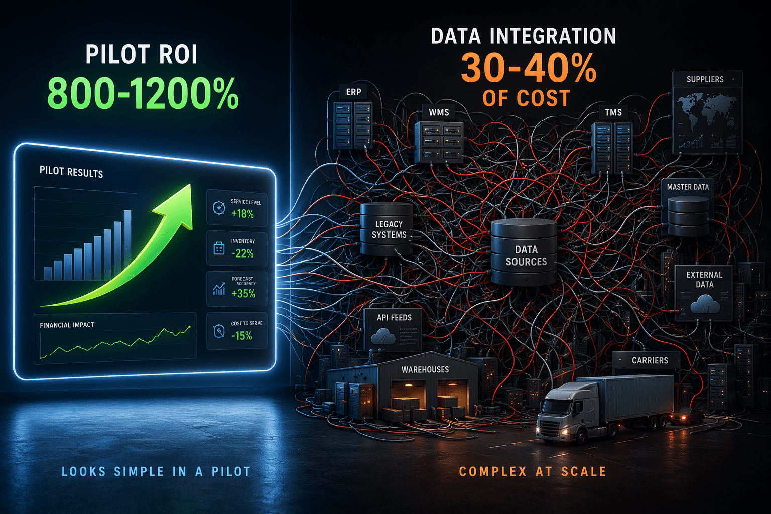 Split composition contrasting high pilot ROI on a clean dashboard with tangled data connections across trucks, warehouses, and databases