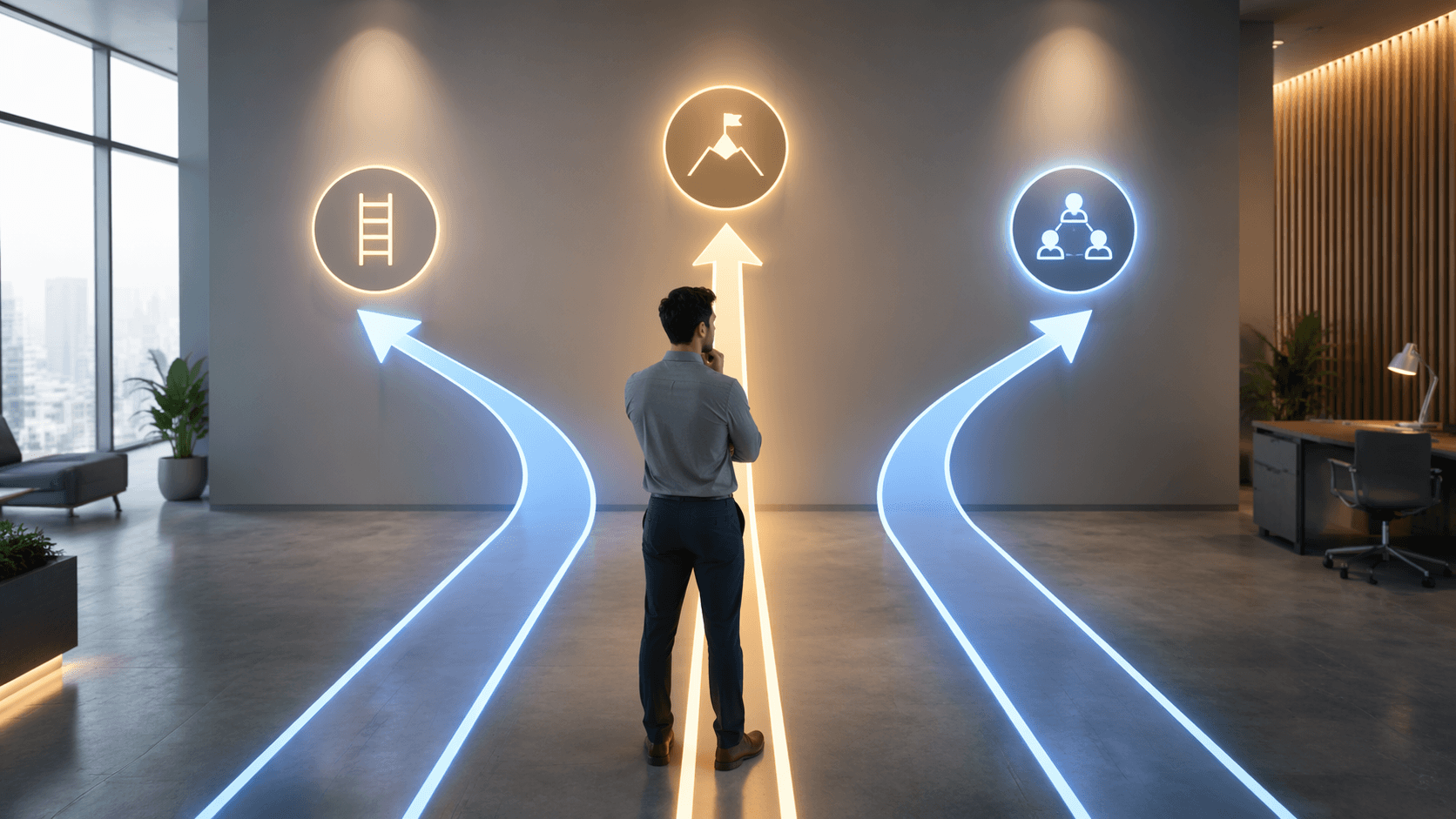 Mid-career professional choosing between promotion, career pivot, and team upskilling paths