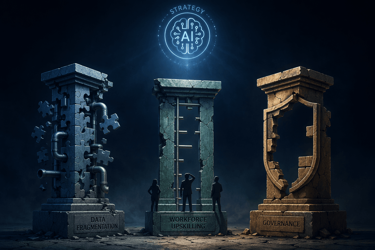 Three weak pillars showing data fragmentation, workforce upskilling gaps, and weak governance beneath an AI strategy icon