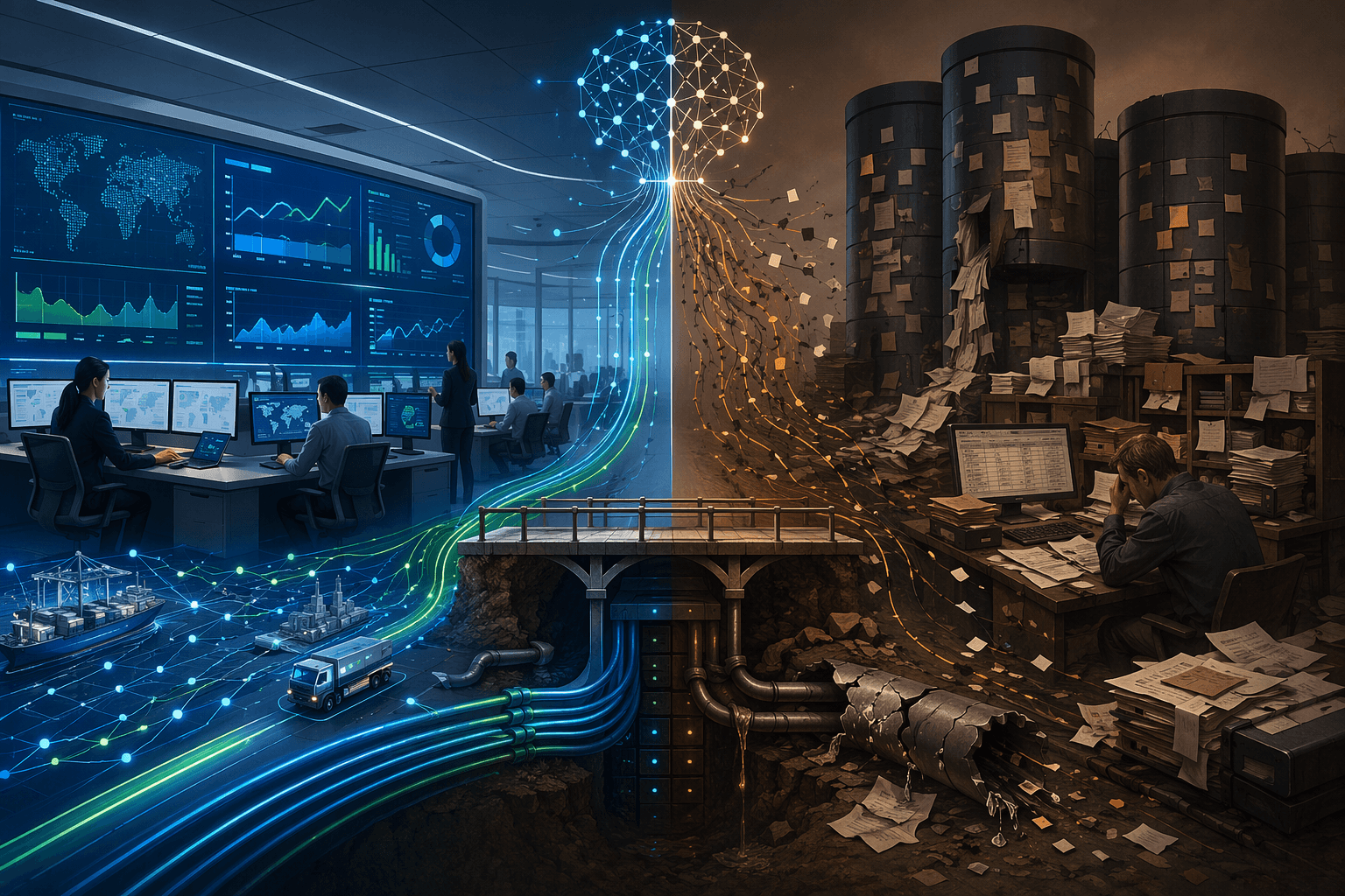Split illustration contrasting a scaled AI demand planning operation with disconnected data silos.