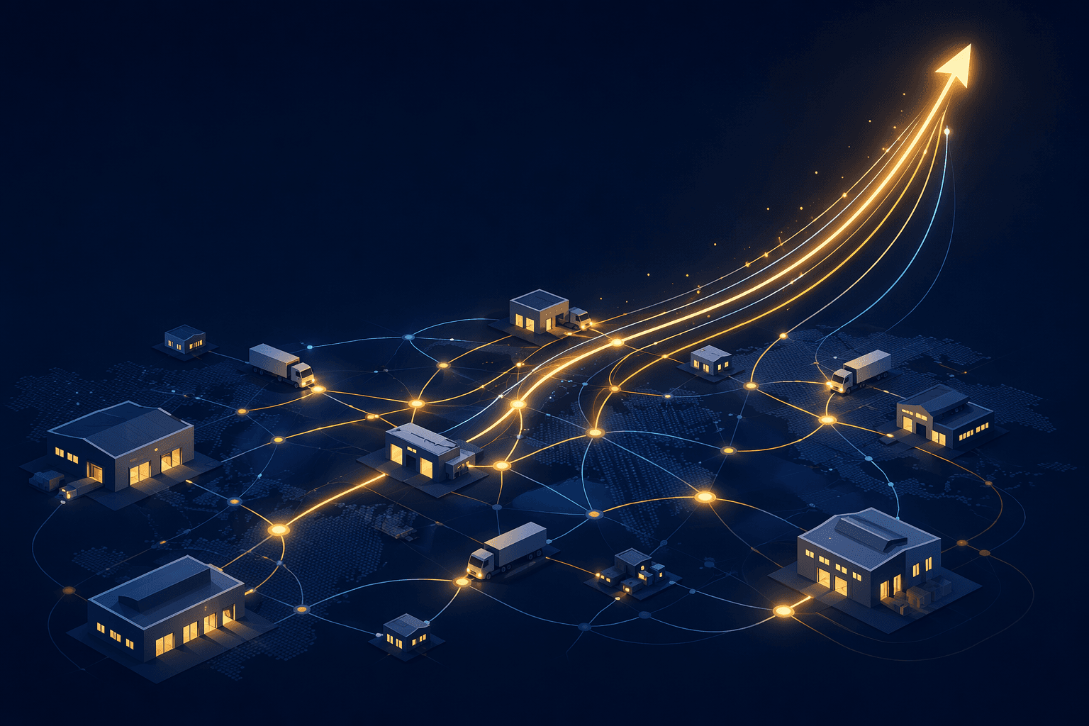 Interconnected logistics nodes with glowing paths and compounding value lines across a distribution network