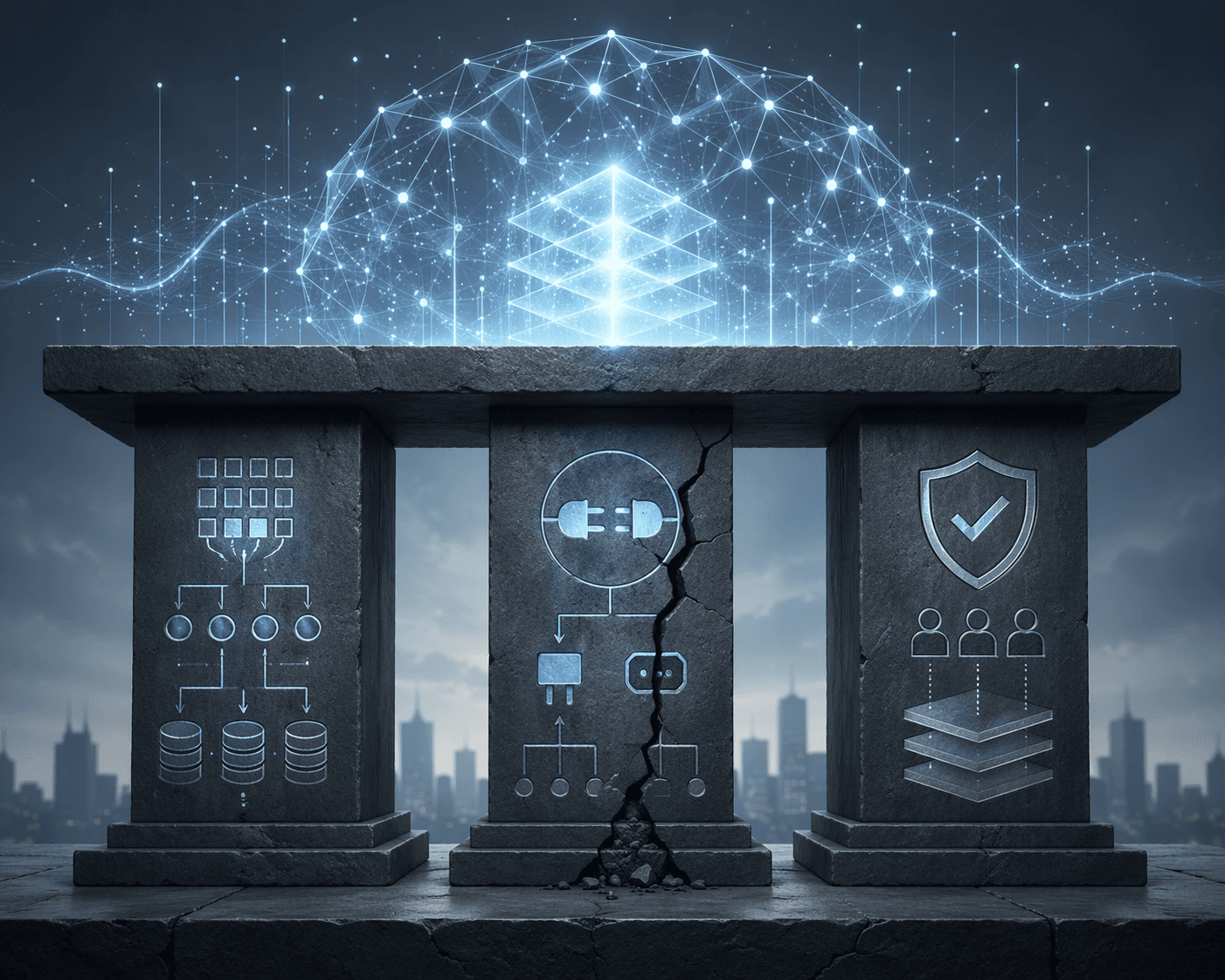 Three foundation pillars supporting an abstract AI structure, representing data, integration, and governance
