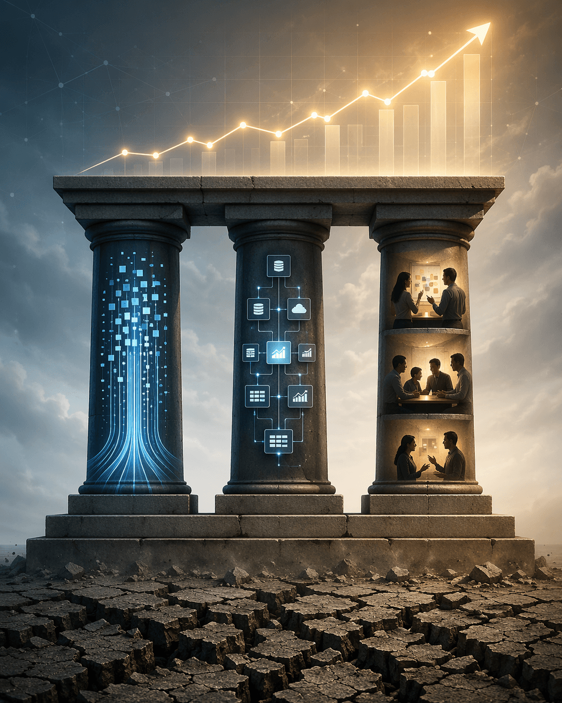 Three pillars representing data readiness, integration depth, and change management over a cracked base.