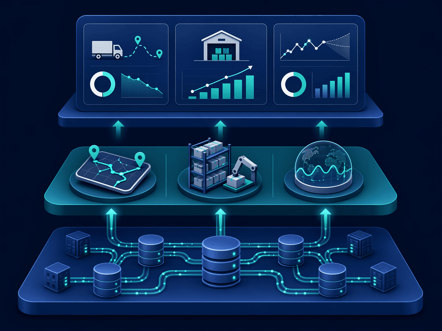 Framework showing data infrastructure, focused logistics AI use cases, and KPI dashboard metrics