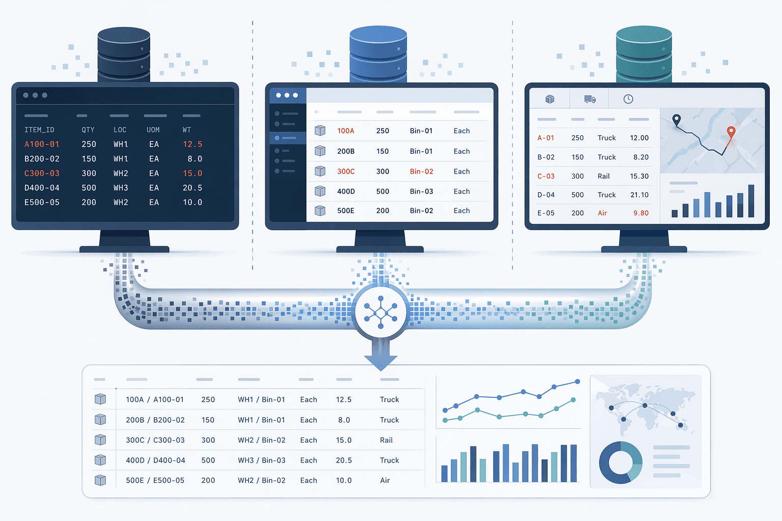 ERP, WMS, and TMS logistics data interfaces with mismatched fields feeding into a clean predictive analytics pipeline
