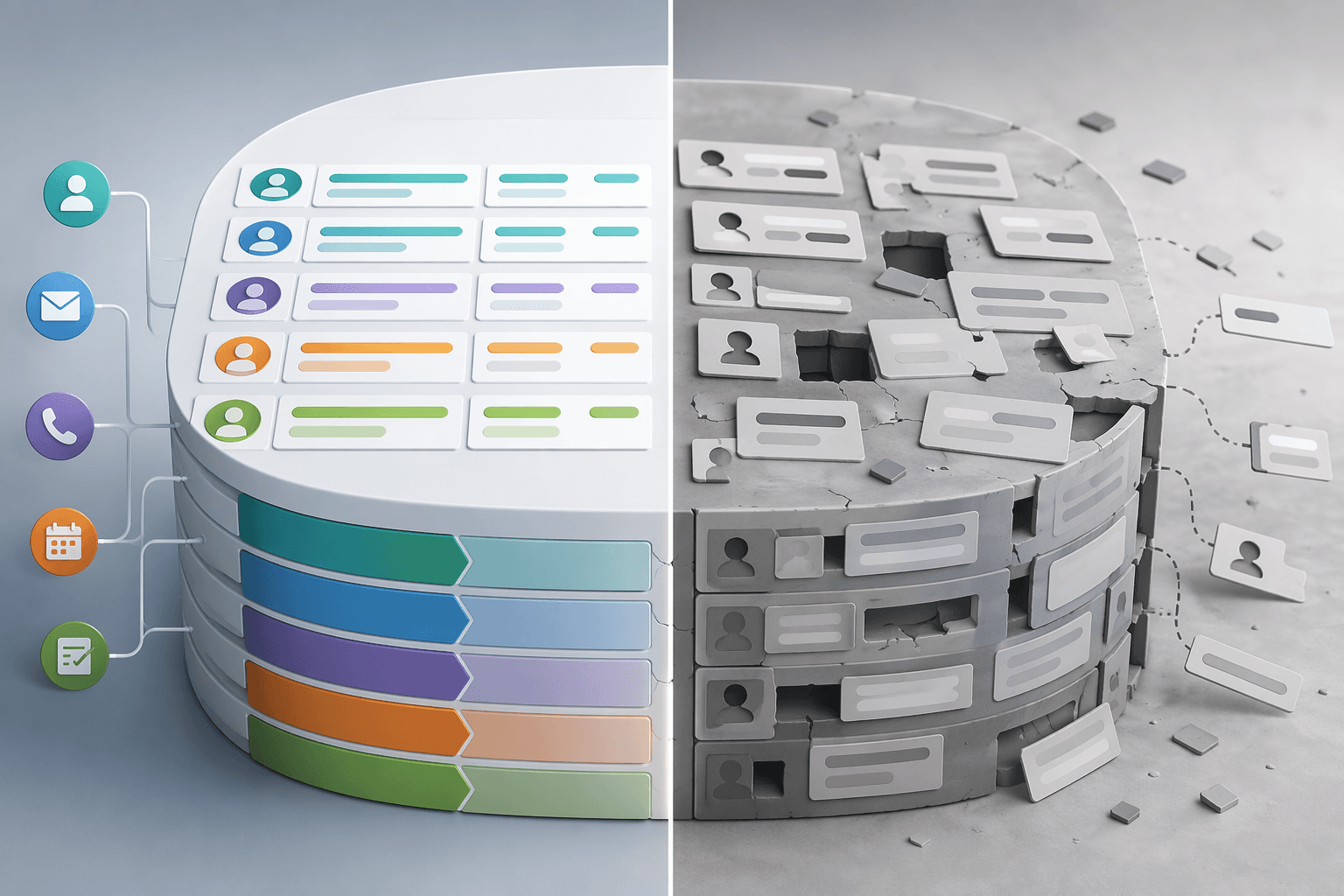 Split view contrasting clean structured CRM records with incomplete and stale pipeline data