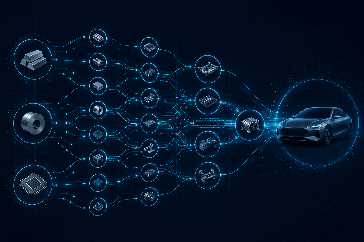 AI-powered mapping of automotive supplier tiers back to aluminum, steel, and electronics sources