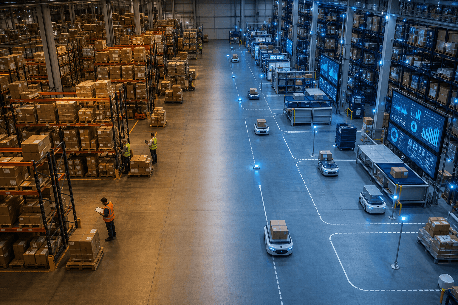 Aerial view of a warehouse split between a manually operated amber-toned zone and an AI-enabled blue zone with autonomous mobile robots and digital inventory screens.