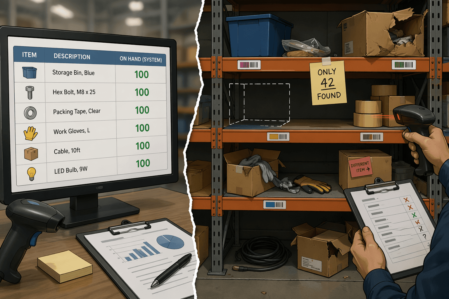 Comparison between clean digital inventory quantities and messy physical shelf reality