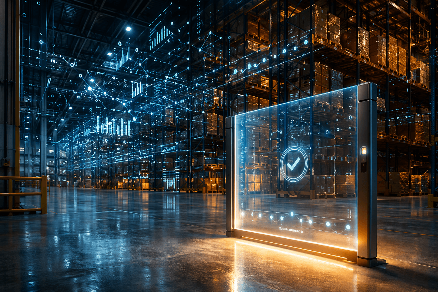 Warehouse aisles with fragmented glowing data streams and a translucent checkpoint barrier in the foreground