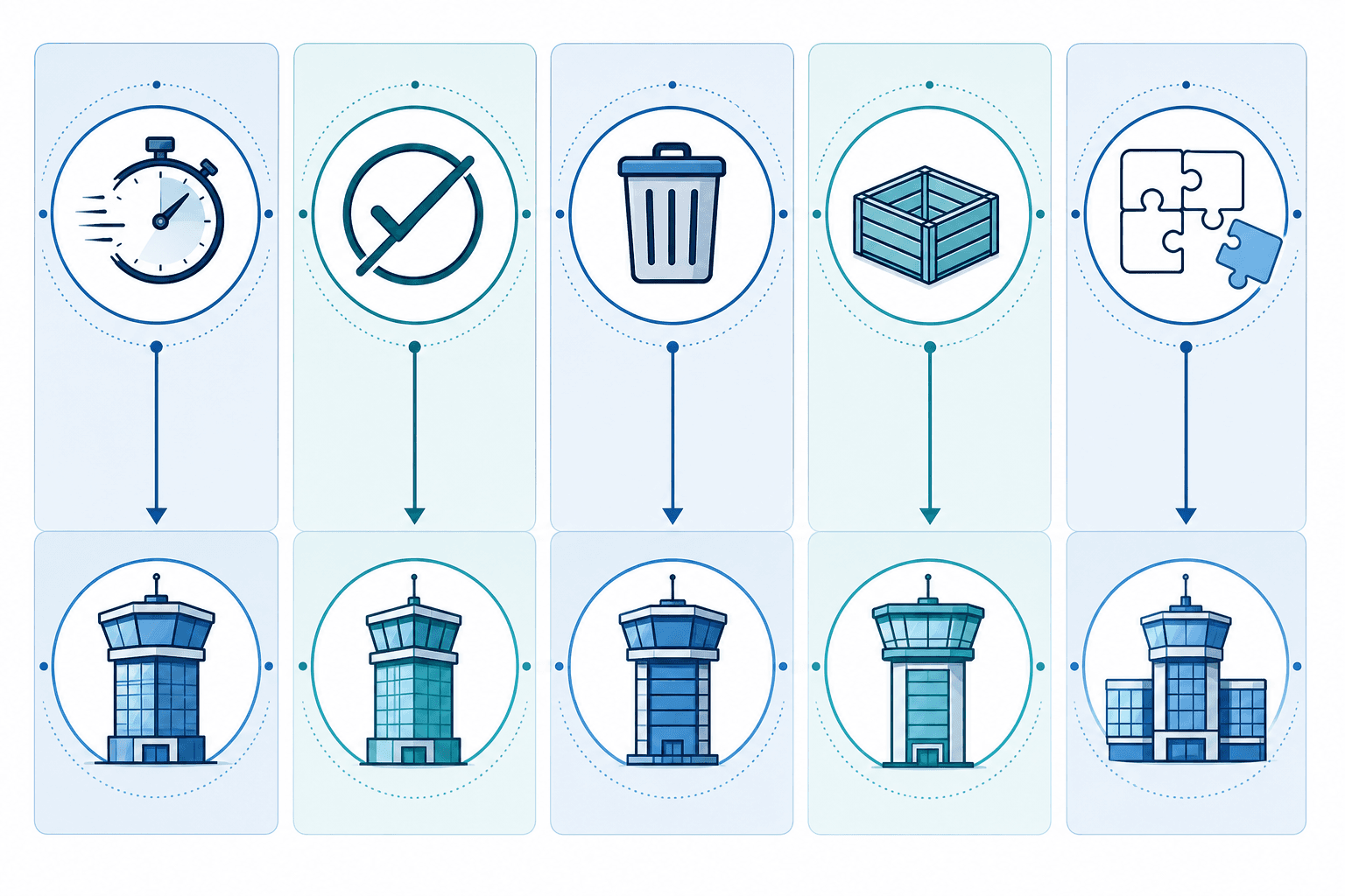 A decision matching matrix with five columns mapping supply chain pain points to corresponding control tower solution types.