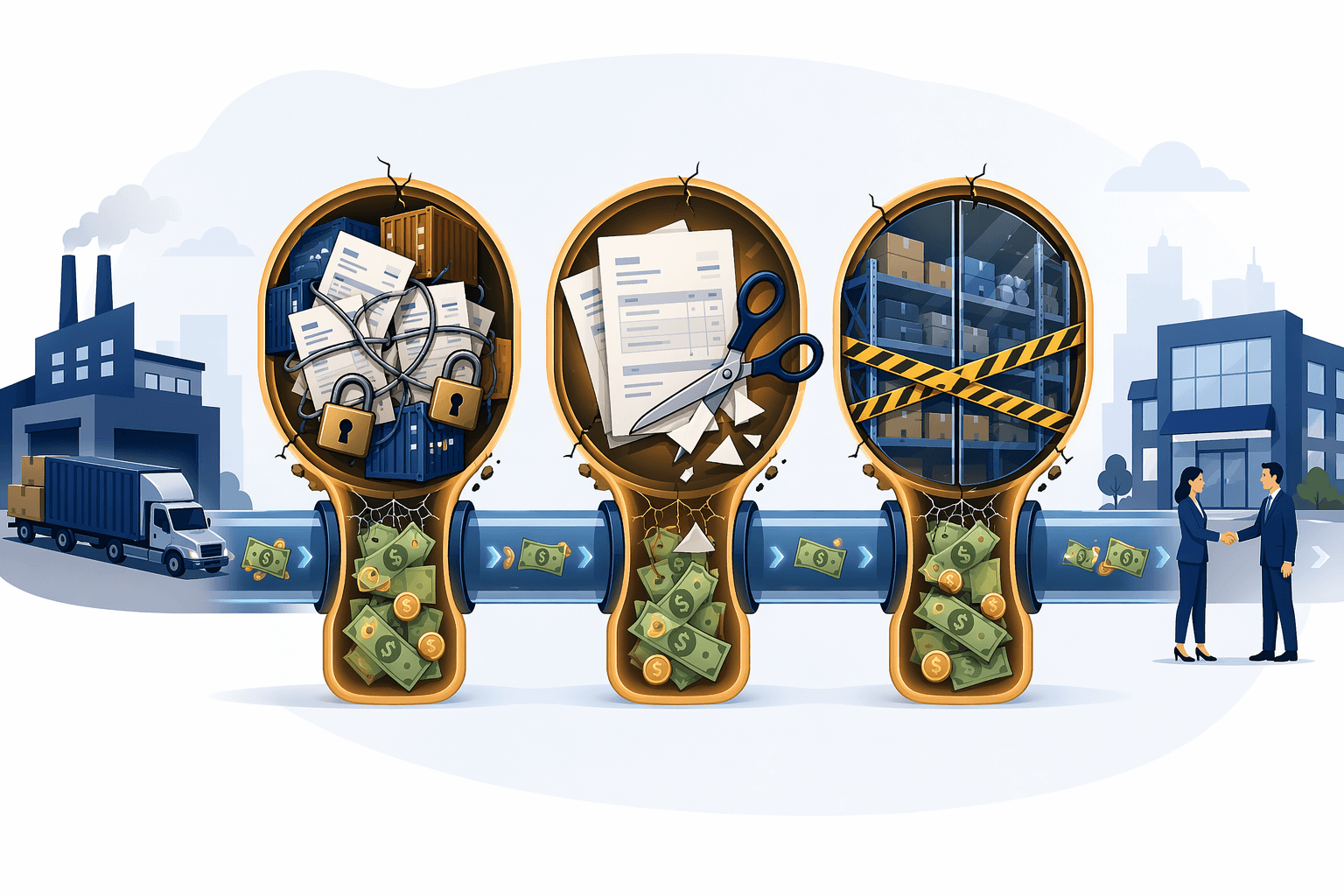 Supply chain pipeline with cash trapped at freight disputes, deduction write-offs, and unavailable inventory