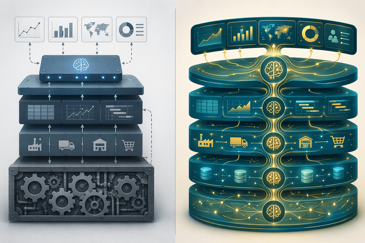 Comparison of a legacy planning engine with an added AI layer and an AI-integrated supply chain software architecture