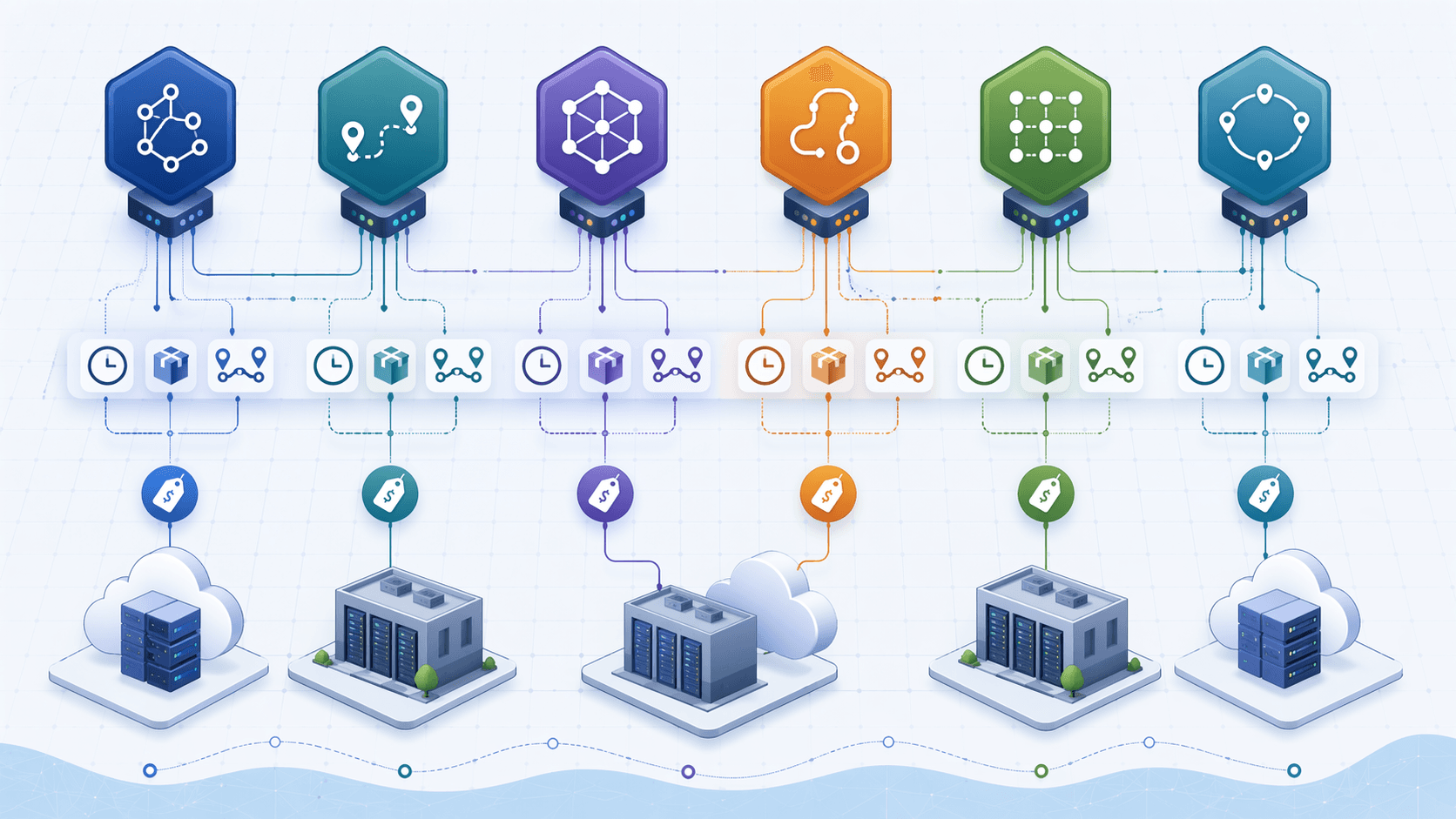 Route optimization vendors connected to cloud and on-premise deployment icons with pricing and constraint symbols