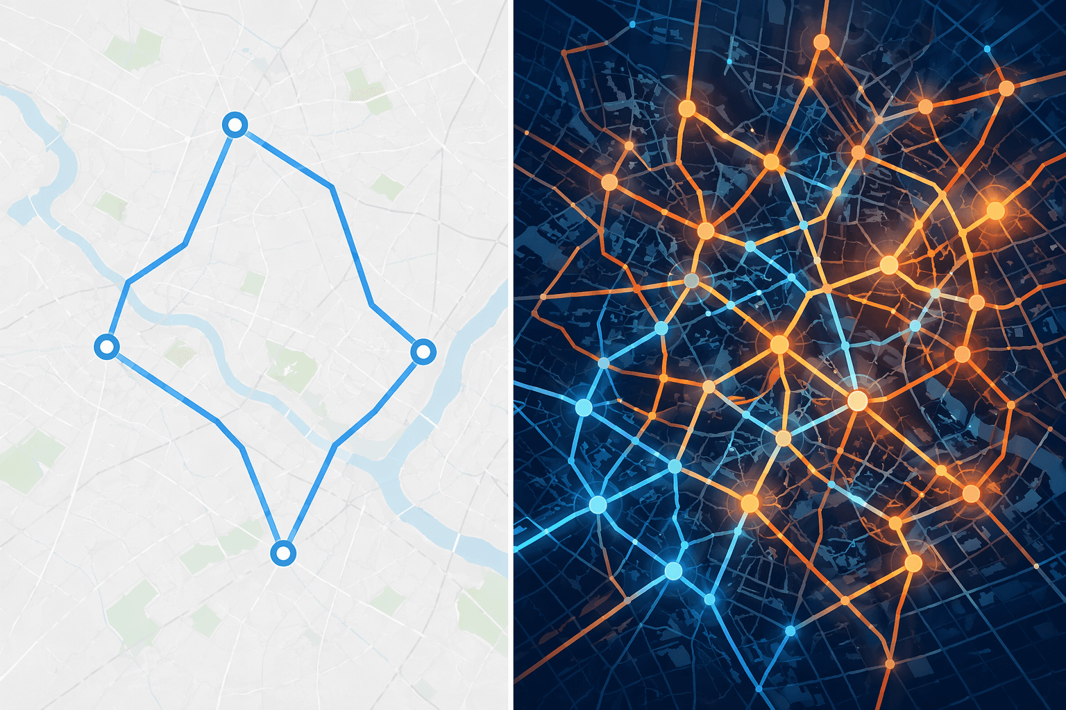 Split illustration contrasting a simple route with a dense multilayered optimization network