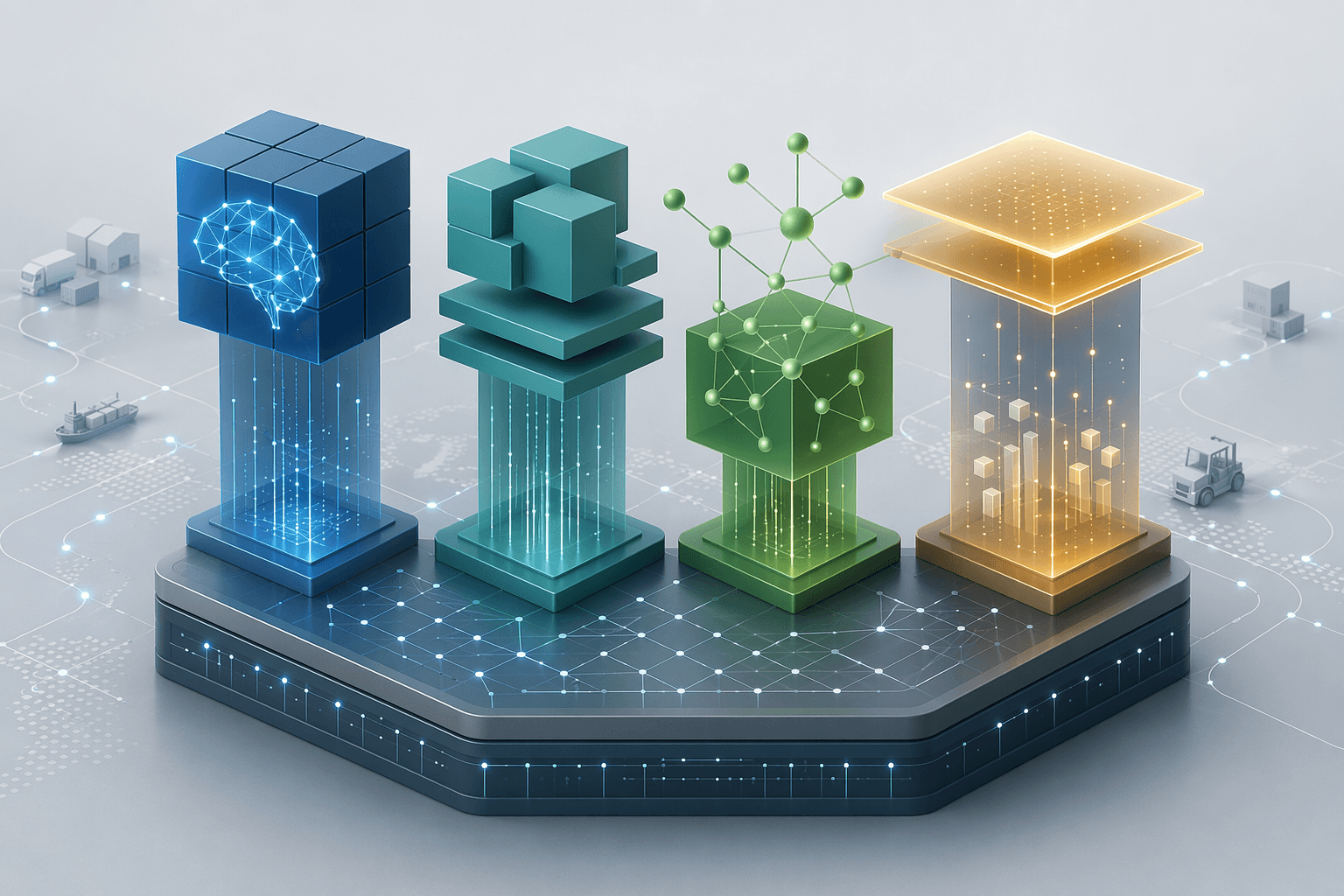 Four architectural tiers for AI inventory management platforms connected to a shared data foundation