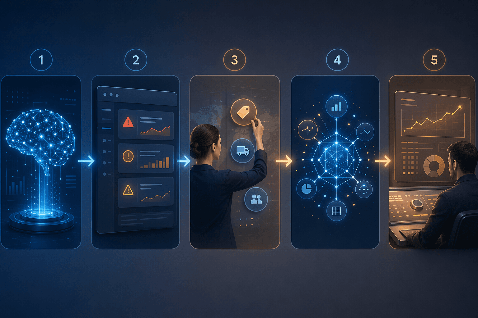 Five-step AI and human inventory planning workflow from forecast generation to final planner decision