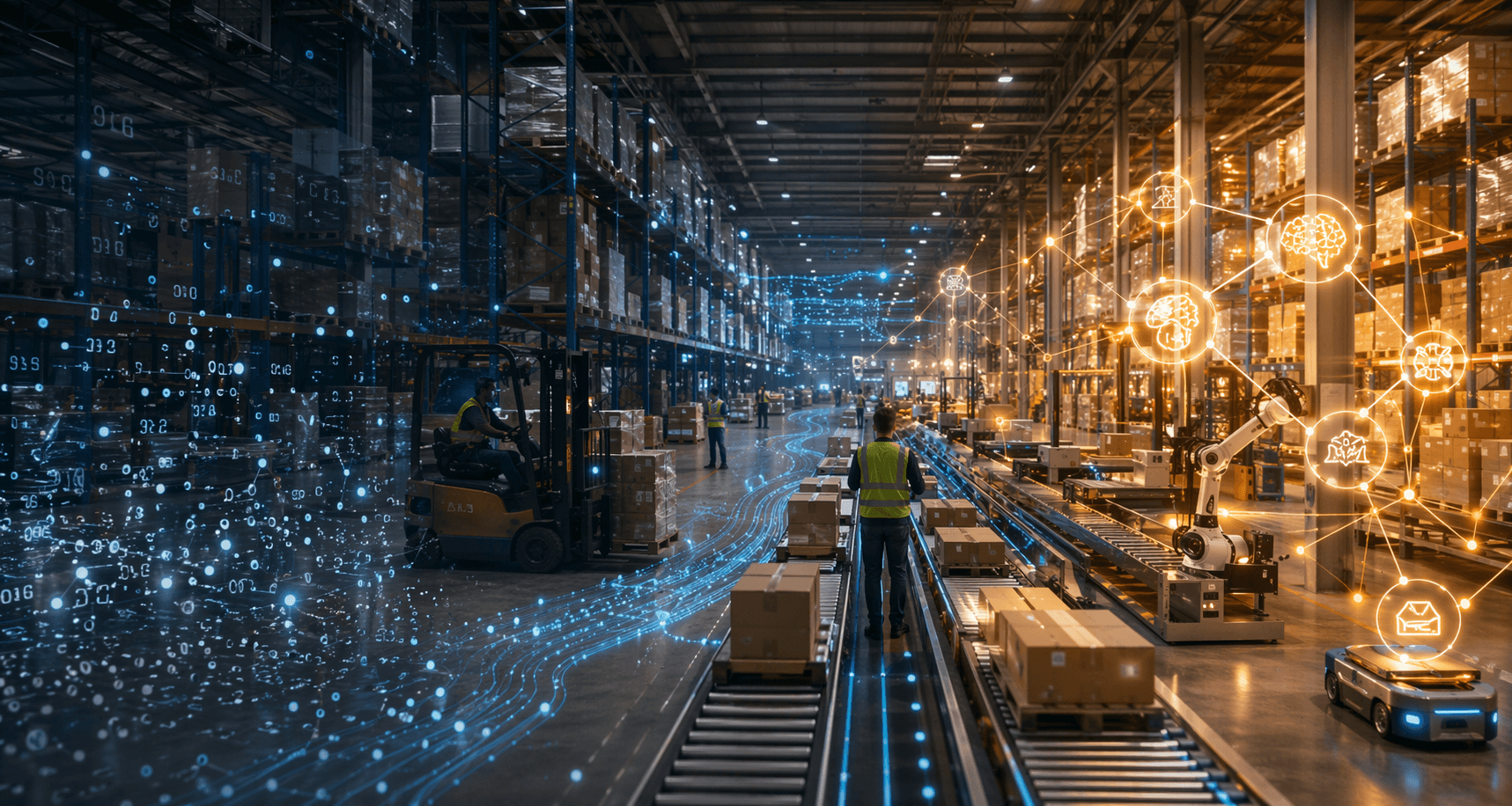 Modern warehouse where raw operational data progresses into organized machine learning recommendations