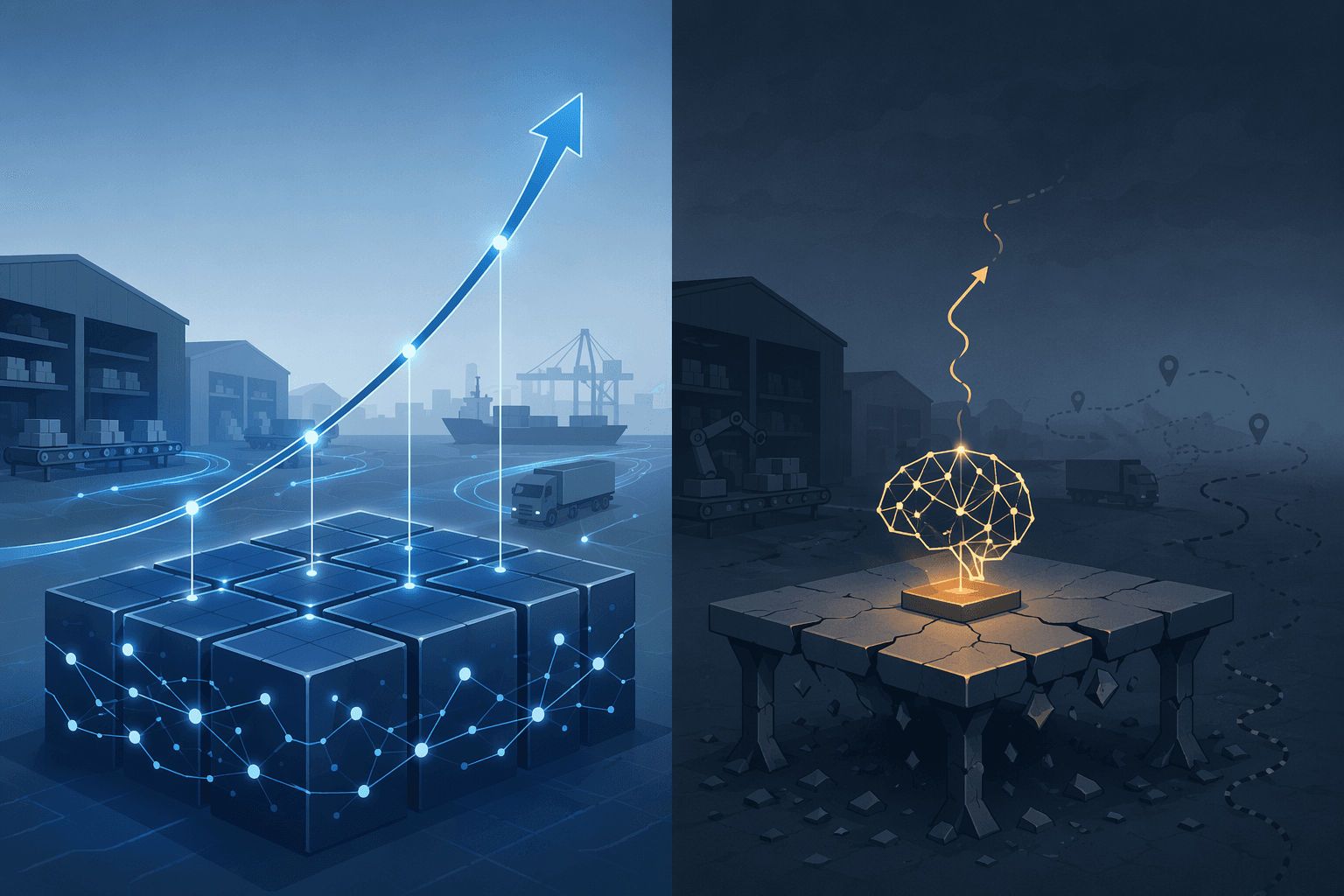Comparison of a data-first AI path with a stronger foundation versus an algorithm-first path with a cracked foundation