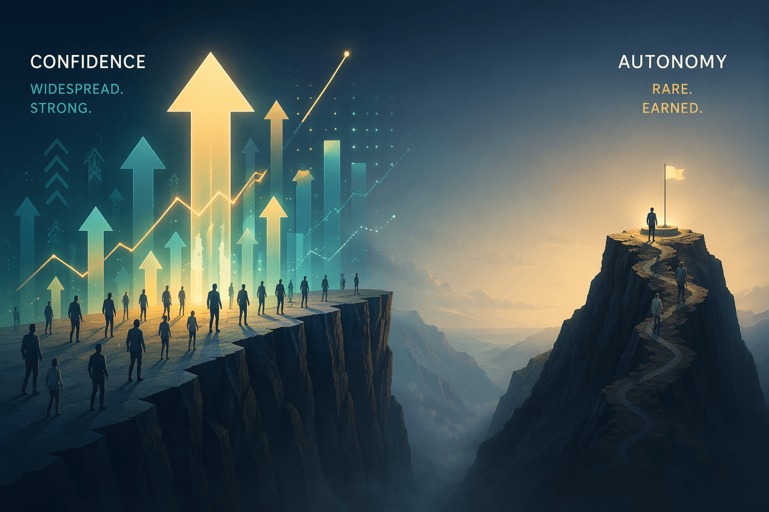 Illustration of high AI confidence separated by a ravine from limited AI autonomy