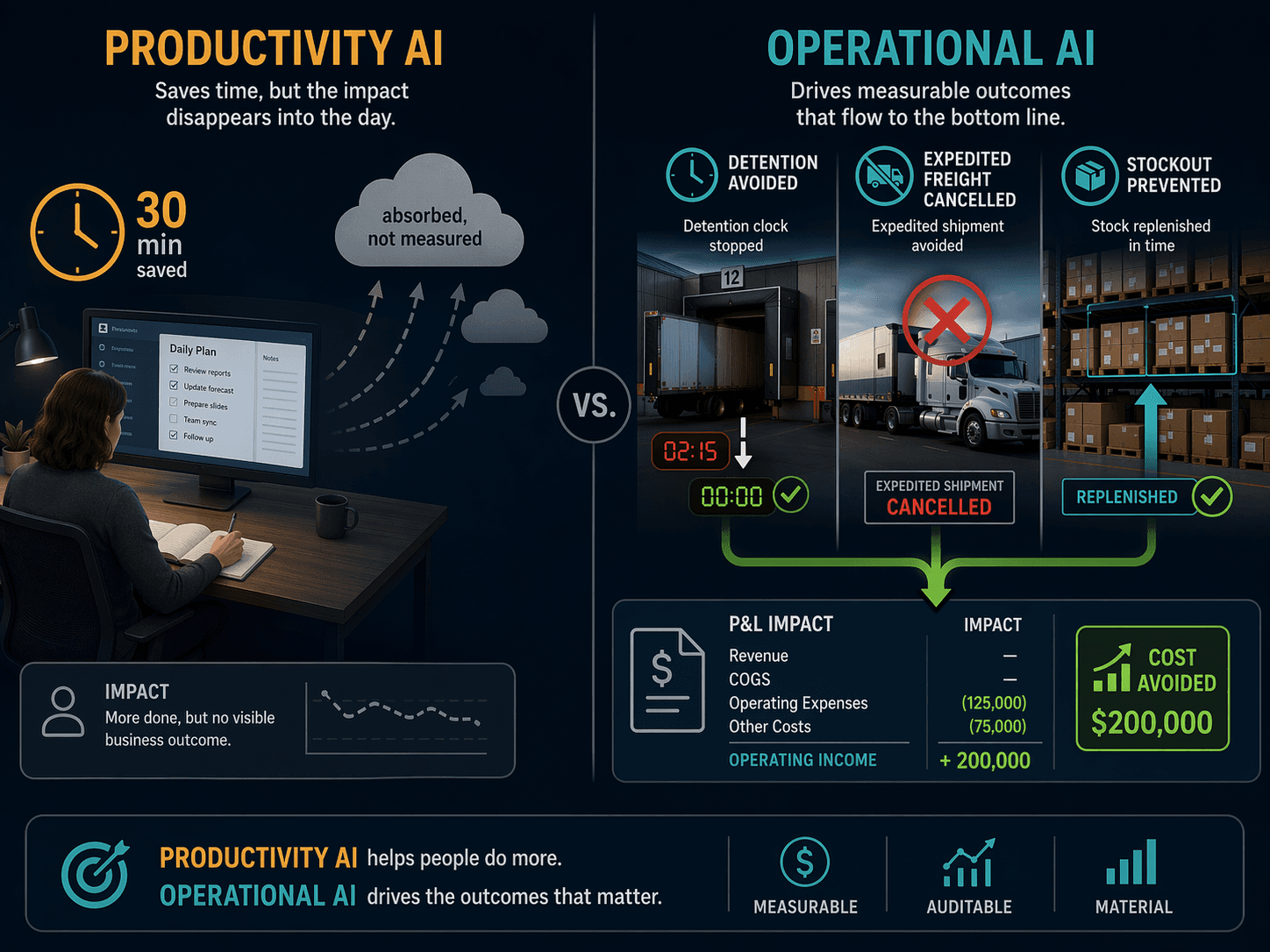 Comparison of productivity AI time savings and operational AI cost avoidance
