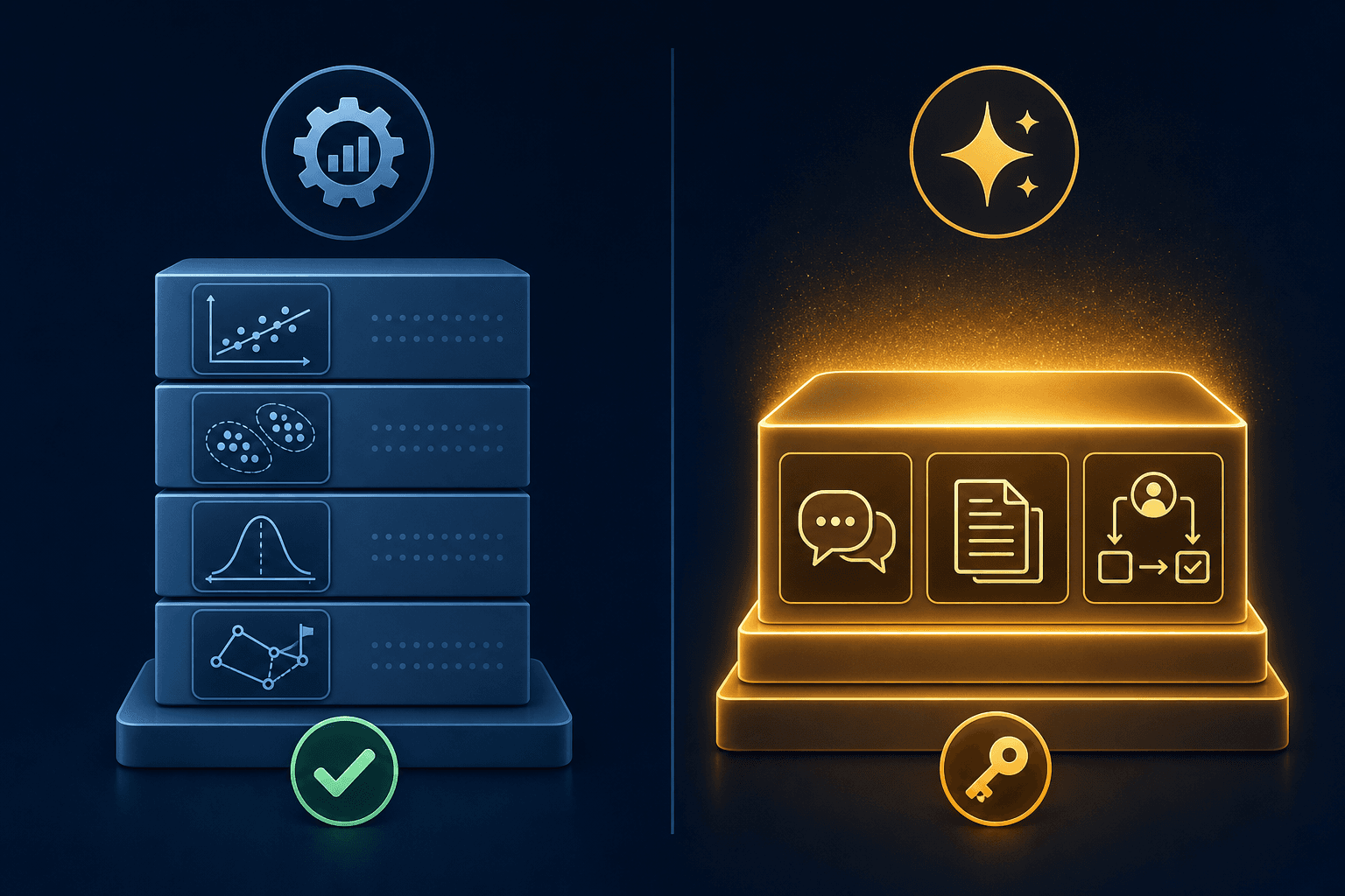 Two-tier diagram contrasting embedded AI features included in base IBP licensing on the left with premium GenAI features requiring SAP BTP on the right, separated by a vertical dividing line with a lock icon on the premium side.