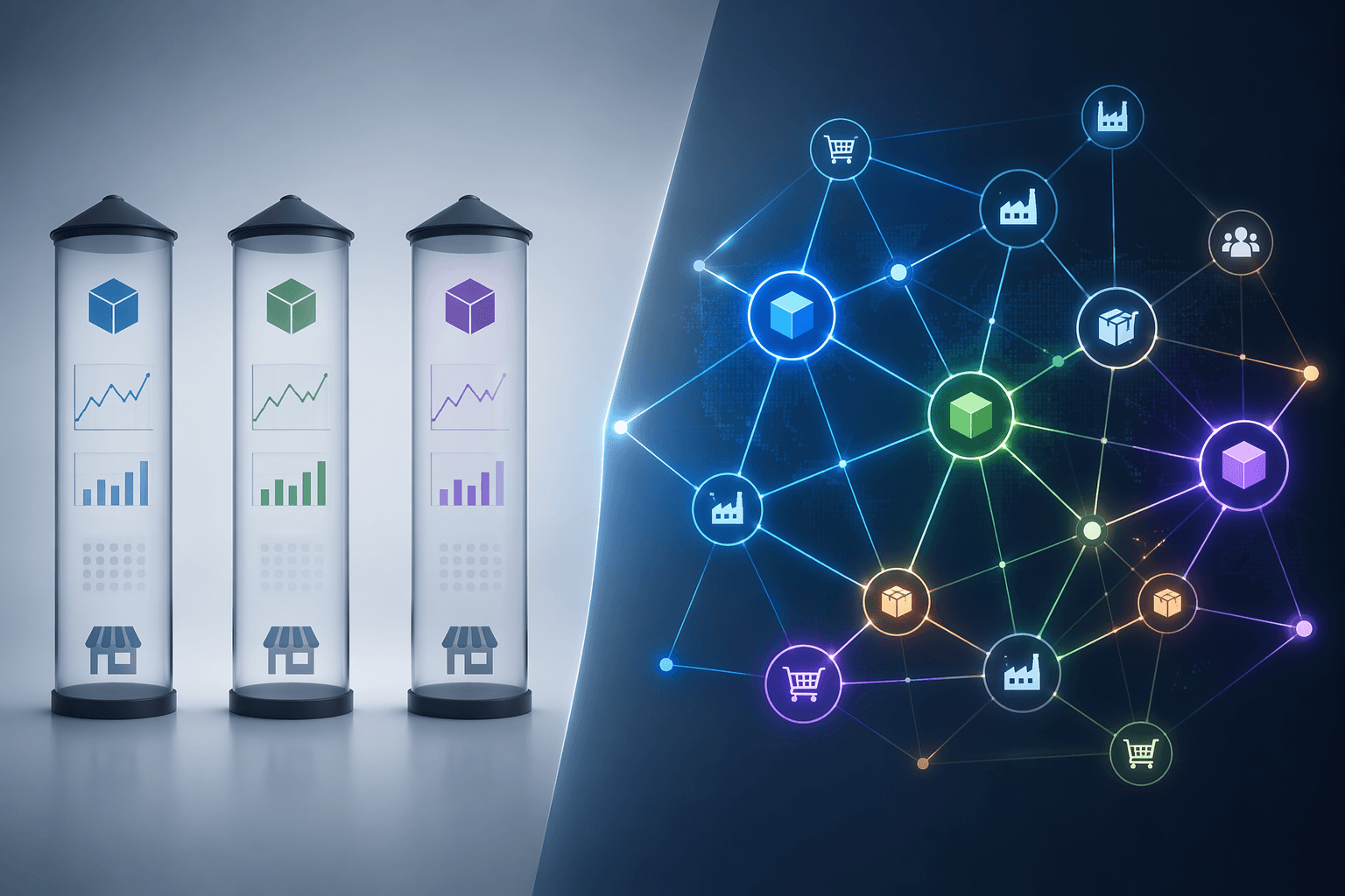 Split-screen illustration comparing isolated time-series columns with an interconnected demand network.