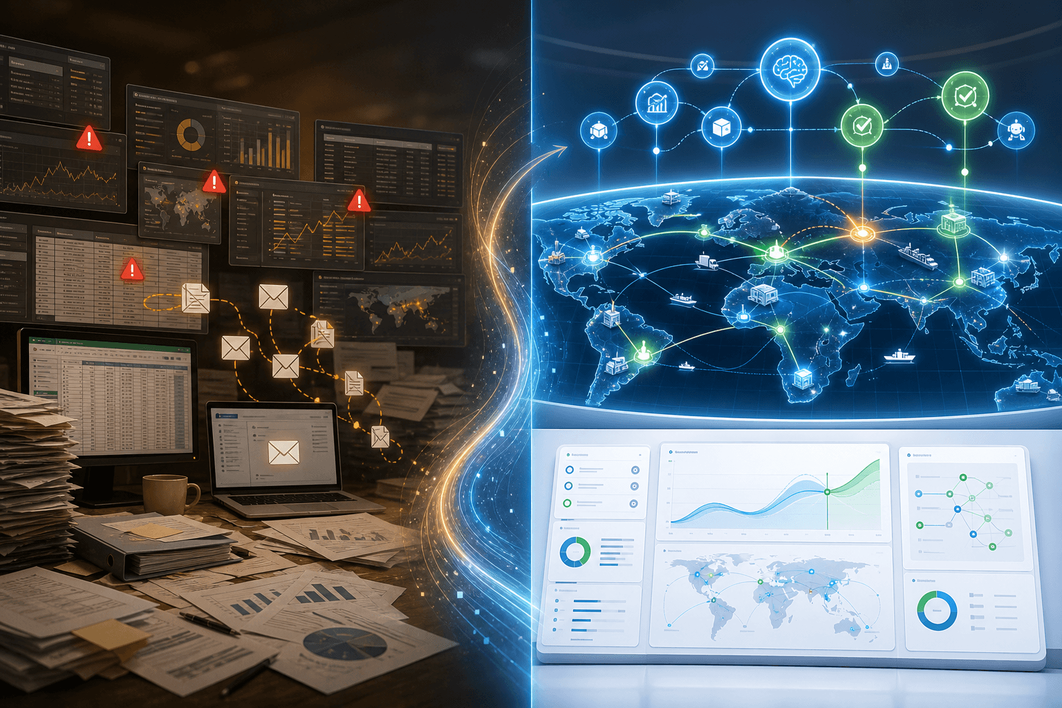 Split-screen conceptual illustration comparing a legacy supply chain control tower on the left to an AI-native control tower on the right.